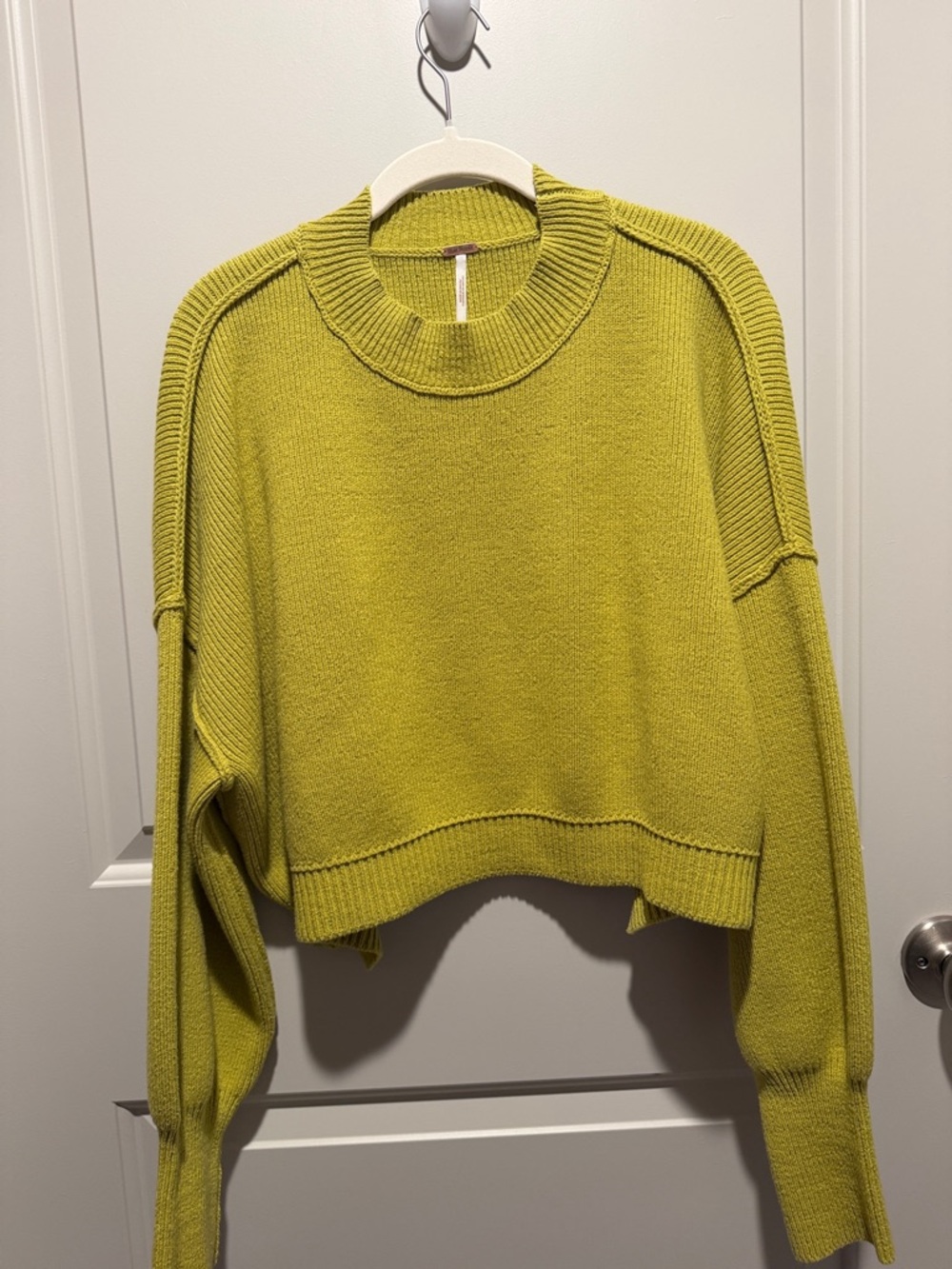 Free People Cropped Crewneck Sweater in Chartreuse